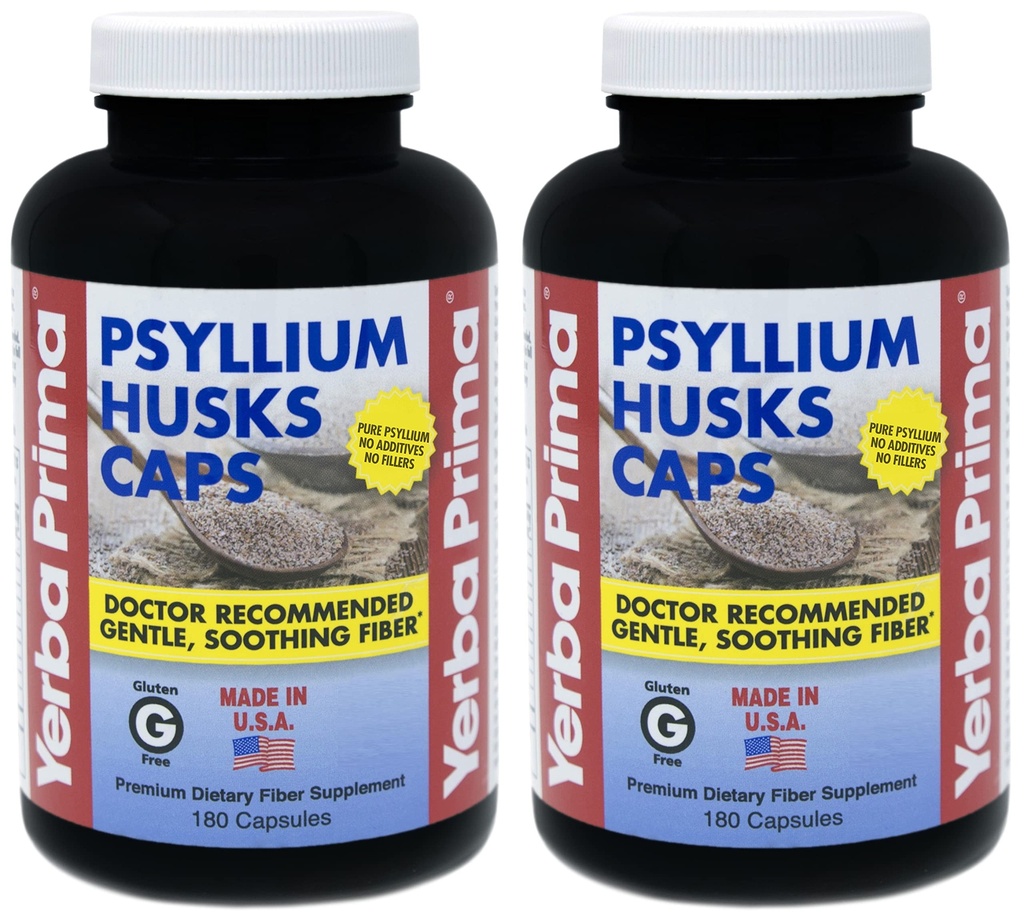 Yerba Prima Psyllium Husk Caps - 180 kapsul (paket po 2) - Enostaven za pogoltnitev Fiber dodatek - Clease Colon - Gut Health - Non-GMO Gluten Free