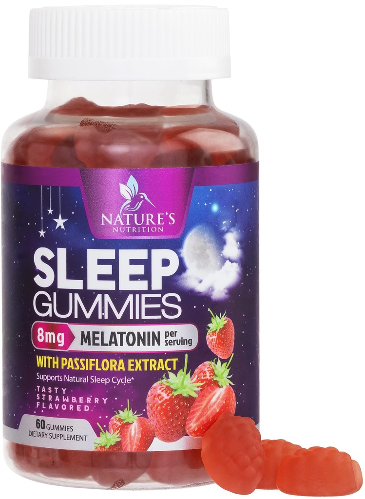 Slaščice za spanje za odrasle Dodatna moč 8mg - melatonin z ekstraktom Passiflora za mirno spanje - hitro delujoče Melatonin Sleep Gummy dodatek, Vegan, Non-GMO, Okusne jagode Okus - 60 Gumies