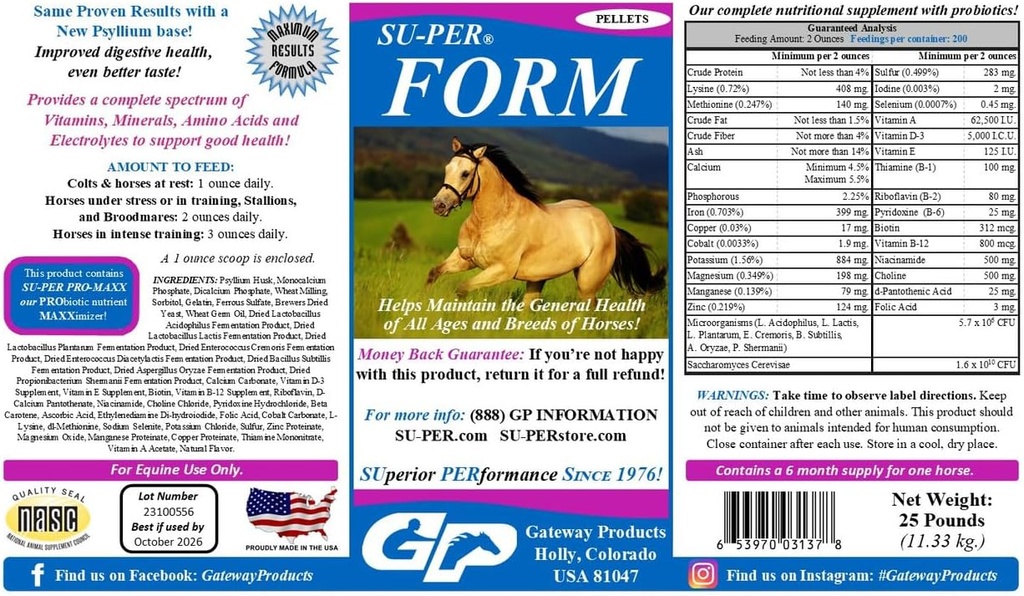 SU-PER obrazec Horse Vitamini in minerali Pelleti - Prehranska dopolnila s probiotiki - Vitamini, Minerali, Aminokisline in elektroliti - Pomaga ohranjati splošno zdravje - 25 funtov, 6 mesecev dobave
