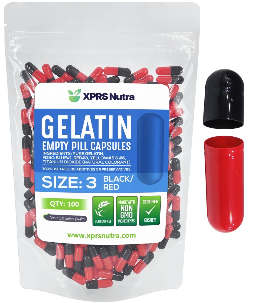 XPRS Nutra velikost 3 prazne kapsule - 100 Štetje praznih kapsul želatine - tablete DIY Kapsula Polnjenje - Čiste goveje tablete gel caps Napolnjeno za Do-it-Your-Your Vitamini in dodatki (črna/rdeča)