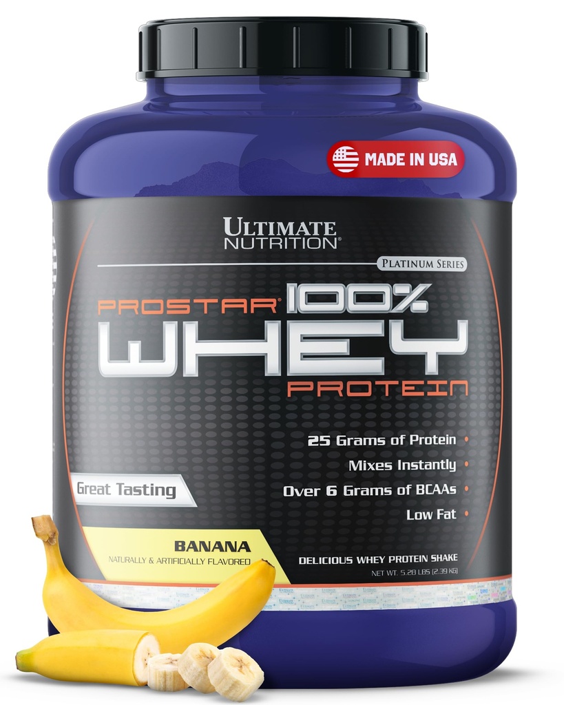 Ultimate Nutrition Prostar Whey Protein Powder Isolate, Banana - Low Carb, High Protein Powder Shake for Muscle Gain & Recovery - Nizko natrij, nizko natrij & Keto Prijazno - 5.28 lbs Tub