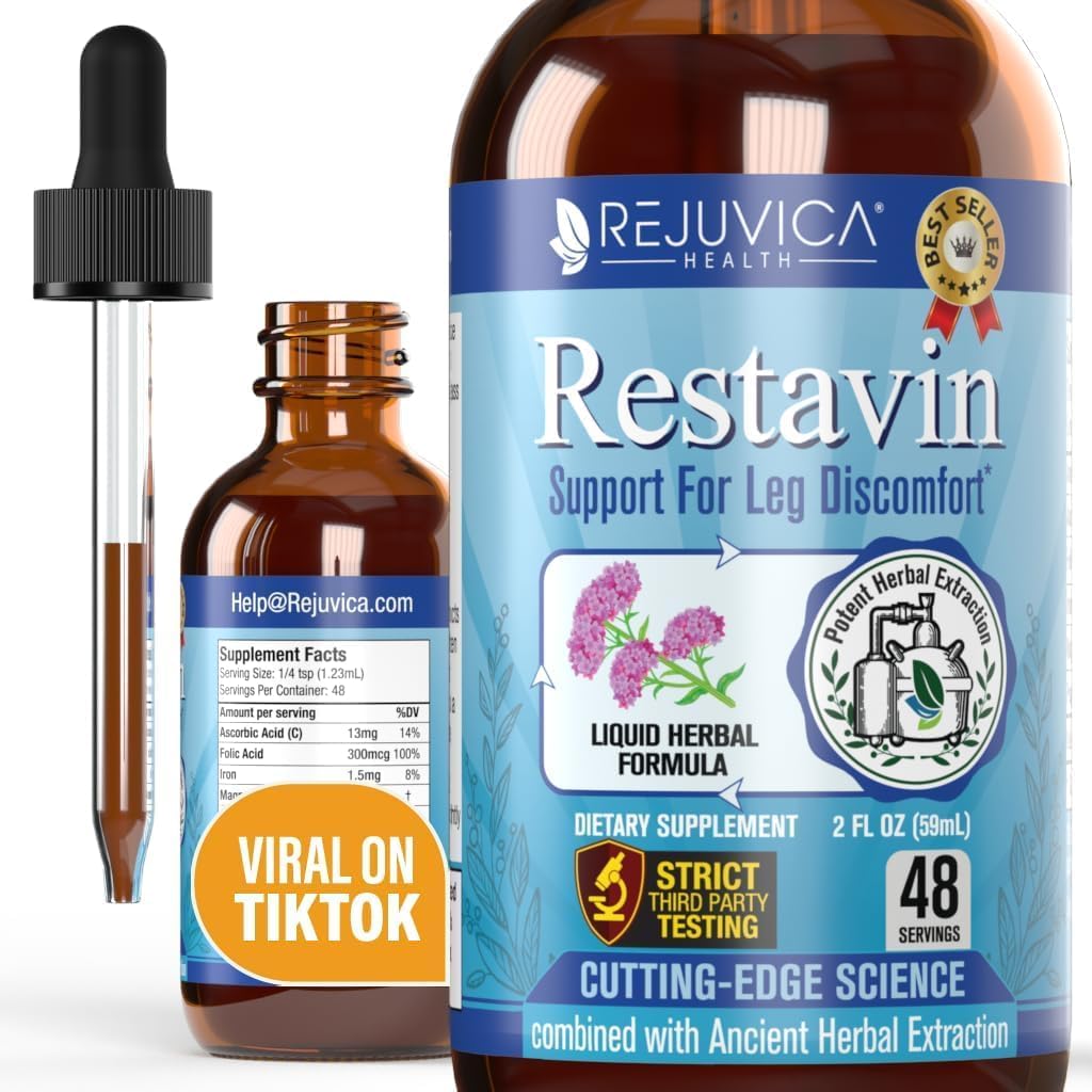 Restavin - Advanced Leg Support Supplement - Tekoča dostava za boljšo absorpcijo - Vitamin C, železo, Valerian, Kurkuma, Magnezij in več!