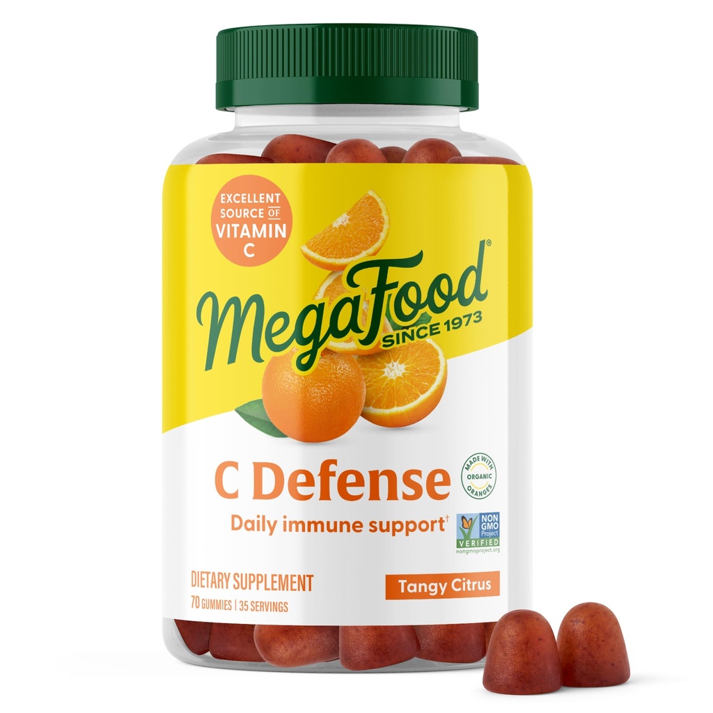 MegaFood C Defense Daily Immune Support - Žvečljivi vitamin C Gumies, Tangy Citrus Flavor, Izdelano s pravo hrano, kot Orange & Cranberry, Vegan, Gluten-free - 70 Gummy Vitamins, 35 Servings