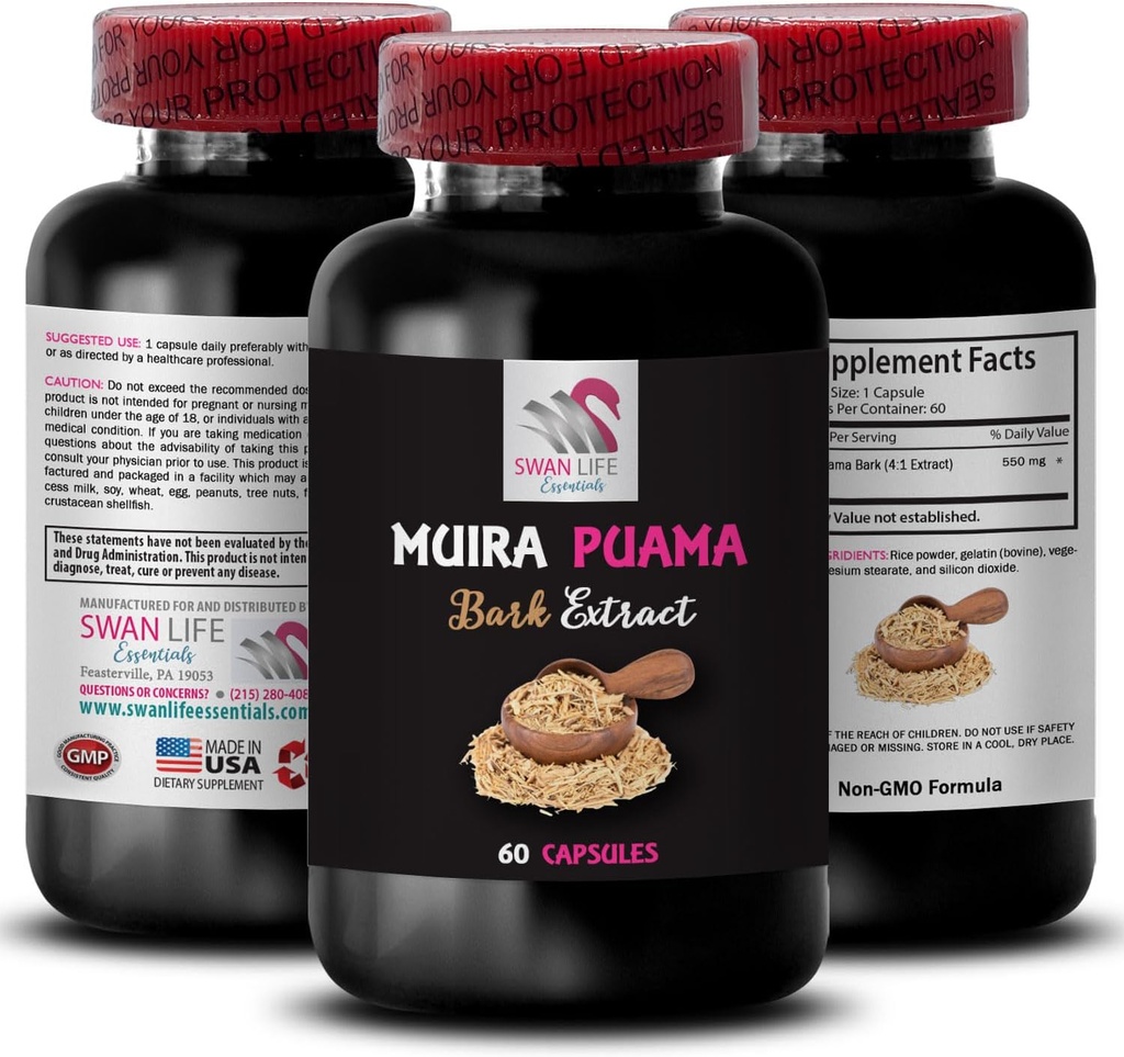 Druženje z aktivnim dnevom - Muira PUAMA BARK Extract - Naravna moč Surge, Dnevna vitalna energija, Rastlinska osnova, Energija rutina, Botanični pogon, Energija Optimizator, naravna 1 steklenica 60 Kapsule