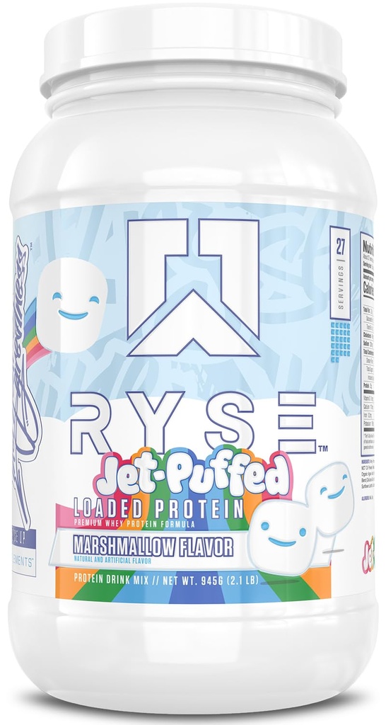 RYSE naložen beljakovinski prašek - Jet-Puffed Marshmallow - 25g izolat sirotkinih beljakovin & koncentrat s prebiotičnimi vlakni & MCT - Nizki ogljikovi hidrati, nizek sladkor, prebavni - 27 Servis / 2 lb Tub