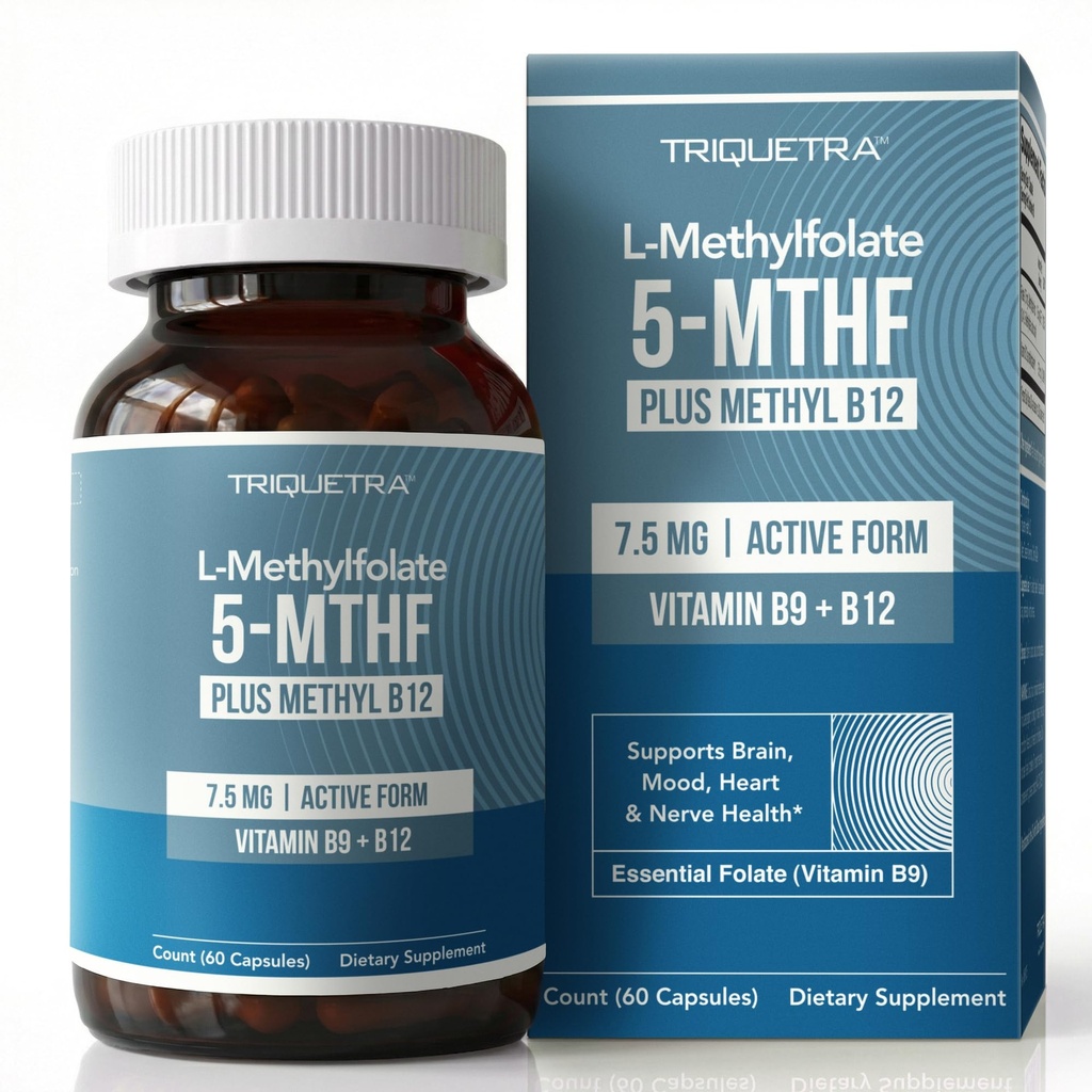 L metilfolat 7,5 mg plus metil B12 - aktivna oblika 5-MTHHF, dodatek MTHFR - kofaktor, pripravljen za krvni tok + B12 - podpira Mood, Homocystein Metilation, Kognition (60 kapsul)