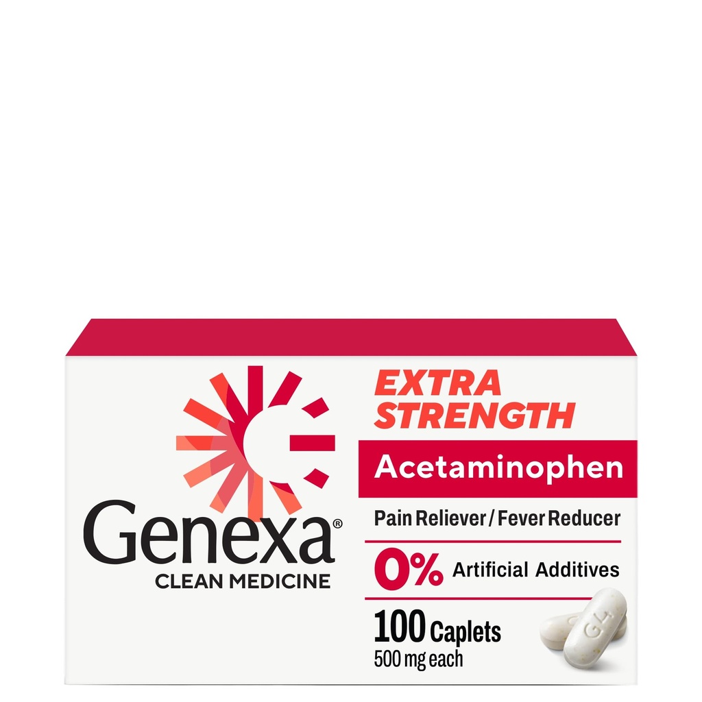 Genexa Clean Acetamofen 500mg Dodatna moč, Barvilo brez bolečine Reliever Fever Relader, 0% Umetni dodatki, Bolečina Medicina za odrasle, Olajša glavobol, Backache, Manjši Artritis Bolečine, 100 tablet
