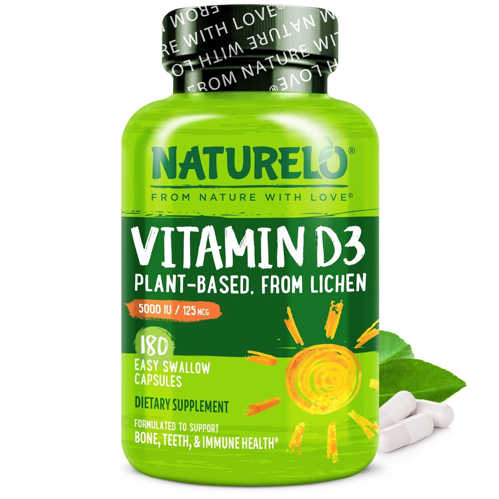 NATURELO Vitamin D - 5000 i.e. - rastlina na osnovi lichena - naravni D3 dodatek za imunski sistem, podporo kosti, skupno zdravje - visoka jakost - vegan - ne-GMO - brez glutena - 180 kapsul