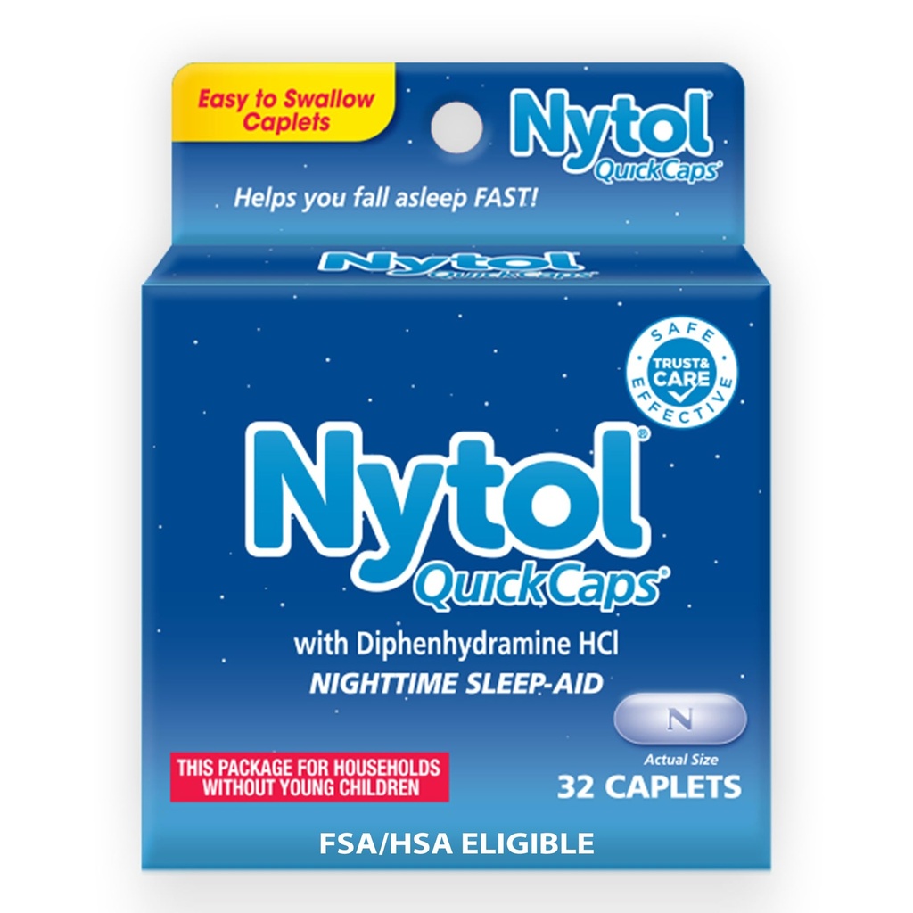 Nytol Quick Caps Nočno spanje Aid z difenhidramin HCI, Easy-to-Swallow Caplets za padec spanje hitro, 32 Število