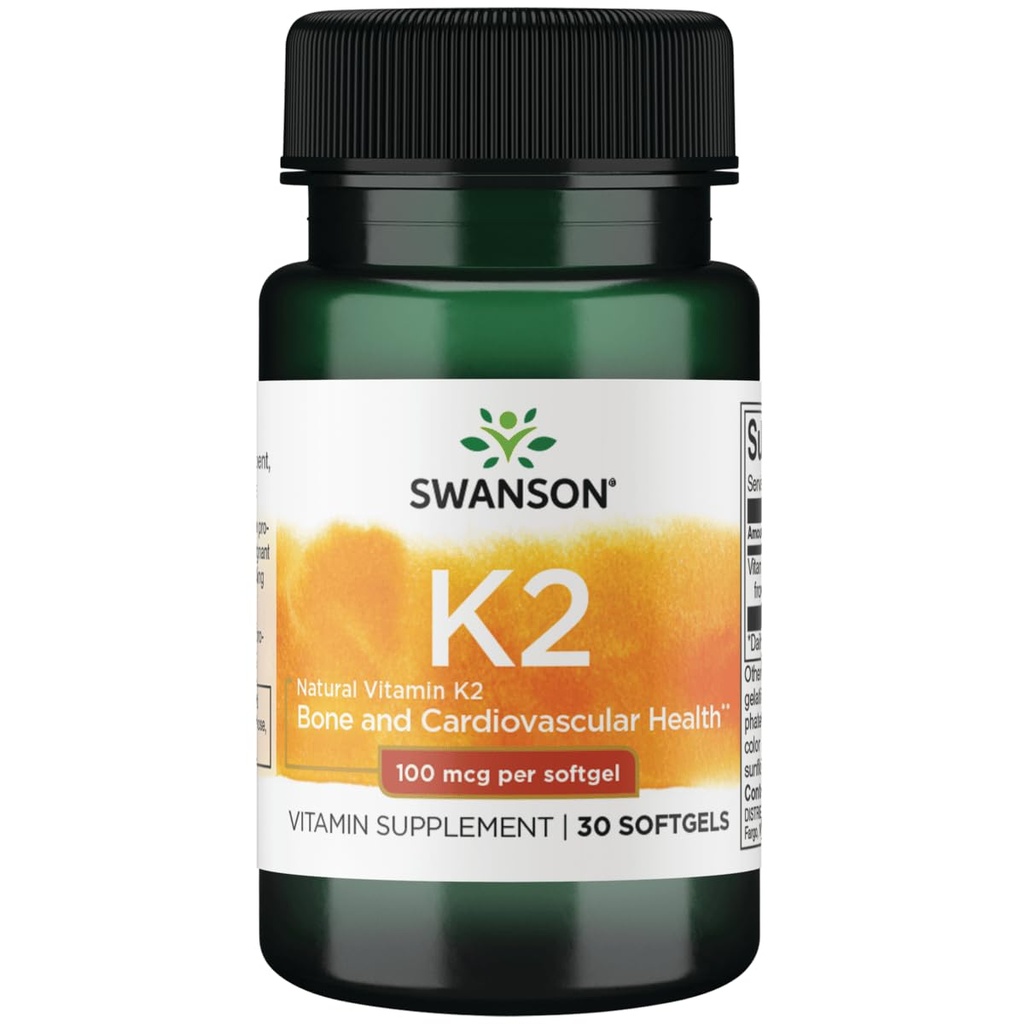 Swanson Vitamin K2 (Menakinon-7) - Vitamin dopolnilo podpirajo kardiovaskularno in zdravje kosti - Izdelano iz japonskega Natto za pomoč Regulirati kalcij - (30 Softgels, 100mcg vsak)