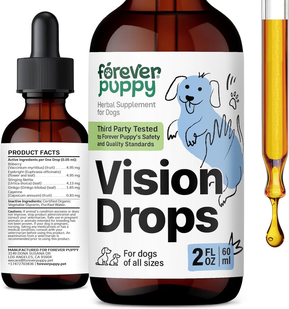 Večno Puppy Vision Dodatki za pse - Tinktura za oči w/Bilberry & Eyebright Herb - Vse pasme in velikosti - Tekoči pes Hrana Dodatki za vid Podpora in oči Jasnost - Sladkor in alkohol brez - 2 oz