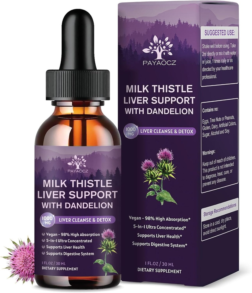 (1 Pack) mleko Thistle ekstrakt kapljice Silymarin 1000mg, Jetrna zdravstvena podpora tekoče z Dandelion Root & Artichoke, čiščenje in razstrupljanje in popravila jeter zeliščni dodatek, Vegan, Non-GMO, 1 Fl Oz