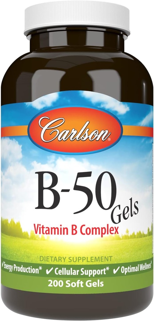 Carlson - B-50 geli, vitamin B kompleks, proizvodnja energije, celična podpora in optimalna wellness, 200 kapsul