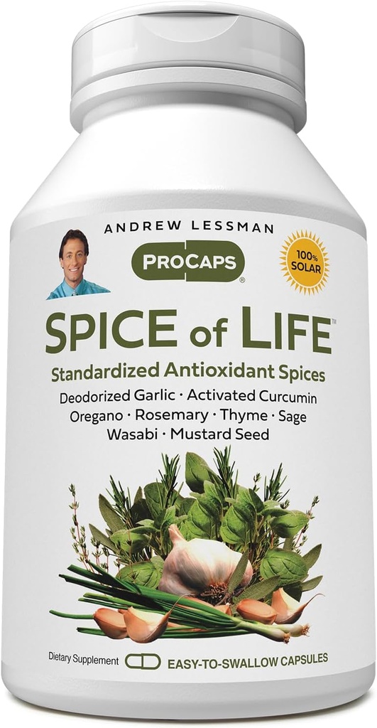 ANDREW LESSMAN Spice of Life 60 Kapsule - osem znanstveno uveljavljenih ekstraktov, koncentrati. Začimbe za spodbujanje zdravja. Česen, kurkumin, Origano, Rosemary, Sage, Thyme, Gorčično seme, Wasabi