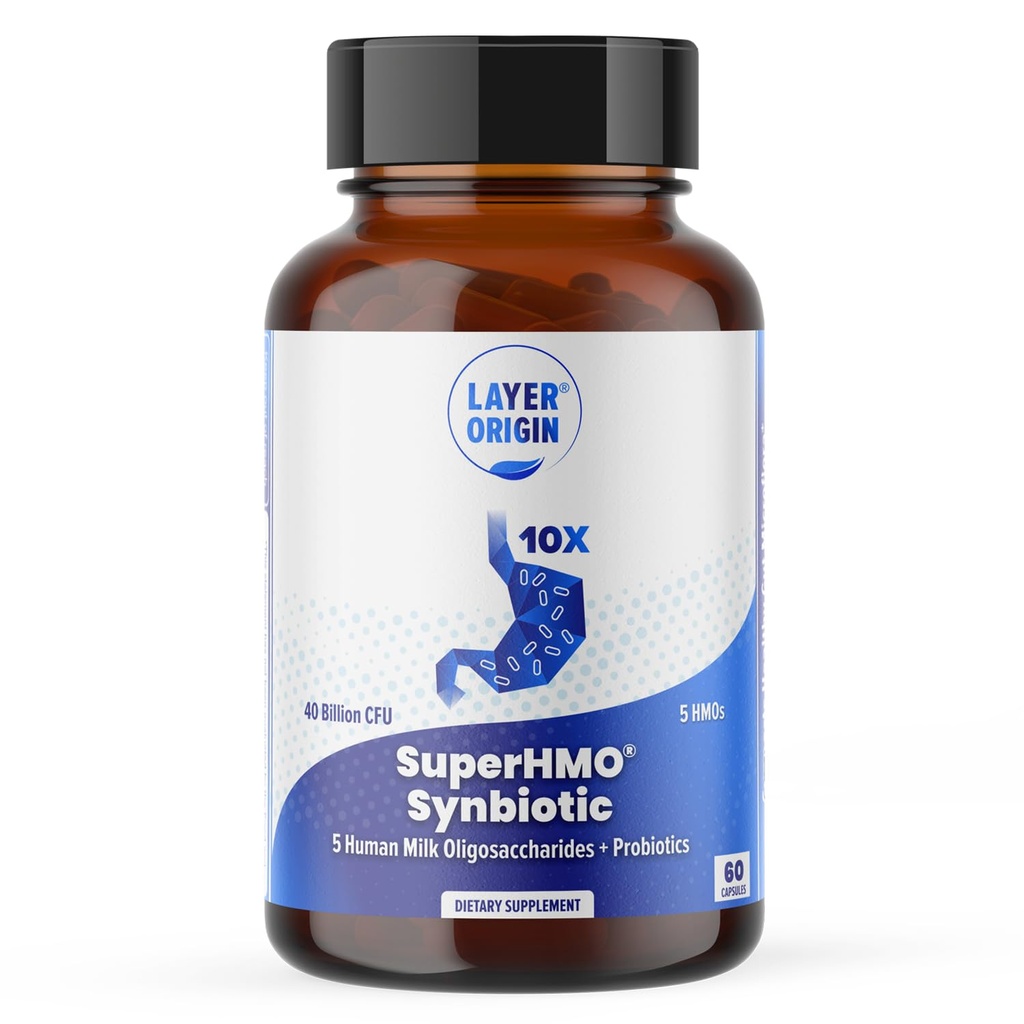 Layer Origin SuperHMO: Sinbiotične kapsule s 5 HMO prebiotiki in 40 milijard CFU probiotiki, 60 število