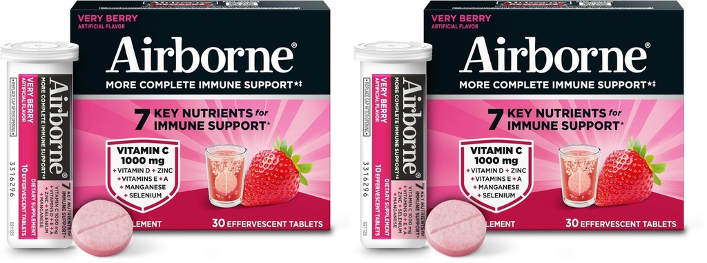 Zračni 1000mg Vitamin C z vitaminom D & cink, Sugar brez multivitaminske imunske podpore dodatek, Antioksidanti Vitamini A C & Vitamin E, 30 šumeče tablete, Zelo okus Berry (Pack of 2)