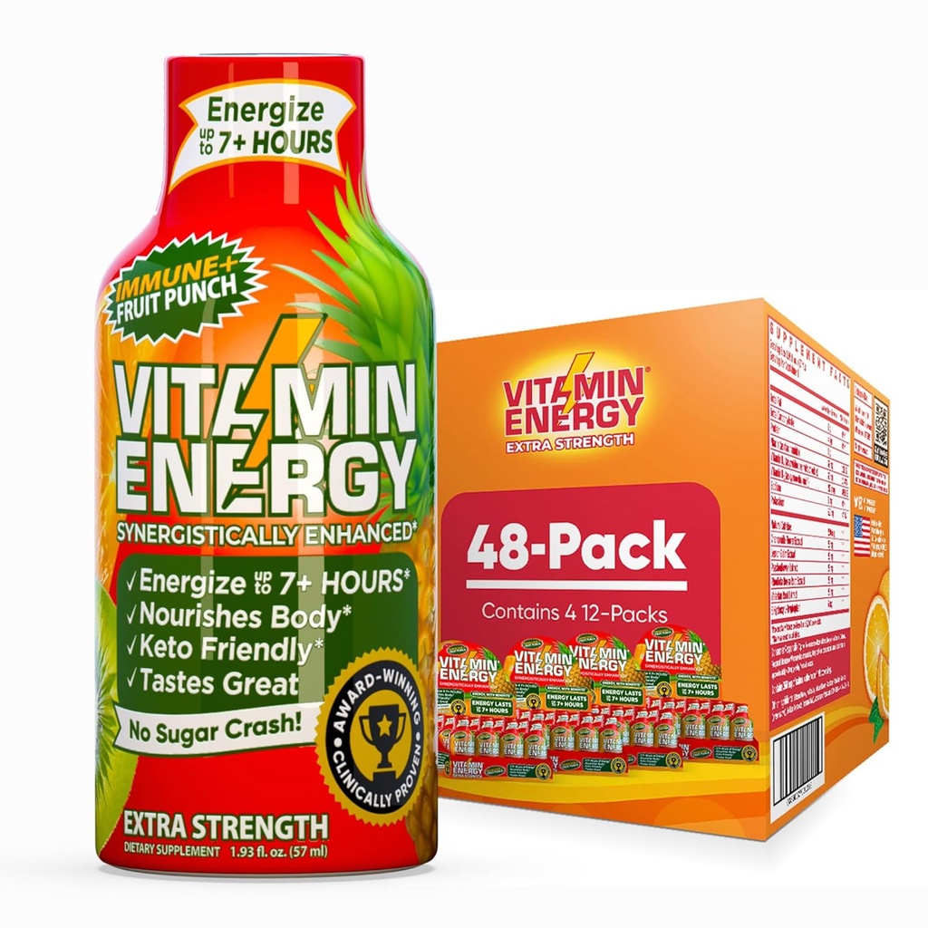 Vitamin Energy Immune+ Ekstra moč Energy Shot Fruit Punch 48 Pack, 260mg Naravni kofein, B-vitamini, Citicoline, Zeleni čaj, Immuniteta in fokus podpora, Nič sladkorja, Gluten-free 1,93 fl oz