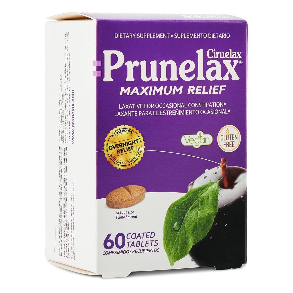 Prunelax Ciruelax maksimum olajšave Laksativne tablete z naravno Senno za občasno zaprtje, Senna Extract, Vegan & Gluten-free, Nežna čez noč Relief - 60ct