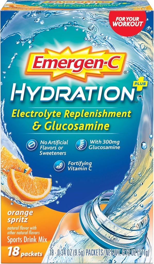 Emergen-C Hidracija+ Športni napitek Zmešamo z vitaminom C (18 Count, Orange Spritz Flavor z glukozaminom), Elektrolit Replenishment, 0.34 Ounce Powder Packets