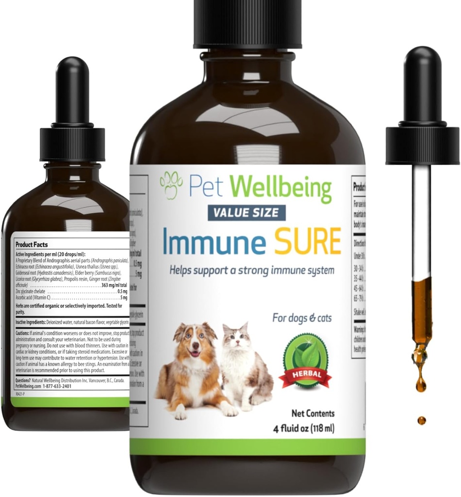 Dobro počutje hišnih ljubljenčkov Imunski Sure za pse - podpira normalno imunske zaščite, Gut Flora Balance, andrographis, Echinacea, Vitamin C, cink - Veterinarsko-formulirani zeliščni dodatek 4 oz (118 ml)