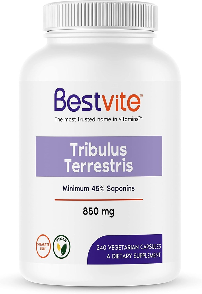 BESTVITE Tribulus Terrestris 850 mg na kapsulo (240 vegetarijanskih kapsul) - standardizirani ekstrakt - Min 45% saponinov - brez stearats - brez silicijevega dioksida - brez filerjev - Vegan - brez GSO - brez glutena