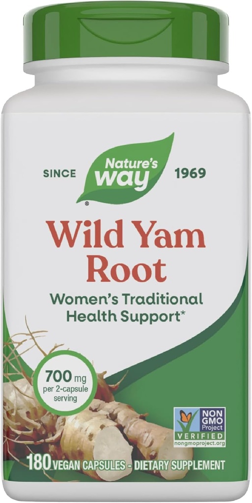 Naravna pot Wild Yam Root, ženska tradicionalna zdravstvena podpora*, 700 mg na 2-kapsulno serviranje, ne-GMO projekt preverjen, 180 veganskih kapsul (Packaging May Vary)