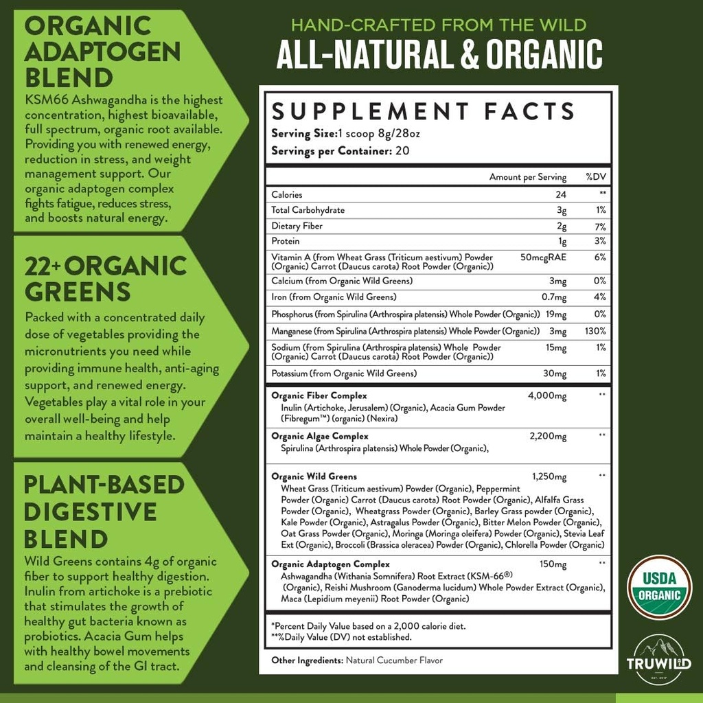 TruWild Greens Superfood Juice v prahu, z 22+ Zelenimi in antioksidanti, naravnim imunskim sistemom, stresom, podporo za prebavo v prahu, 90 servingov, 3 pakiranja