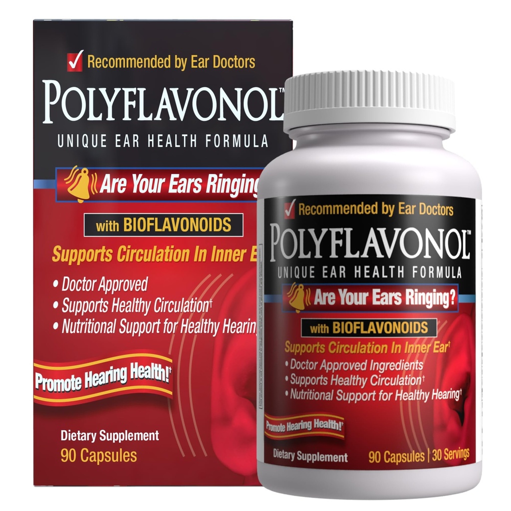 Polyflavonol z bioflavonoidi, Tinitus Relief, Edinstvena formula zdravja ušesa, podporo zvonjenje ušesa, Podpira kroženje v notranjem ušesu, spodbuja zdravje sluha, 90 kapsule, 30 Serving