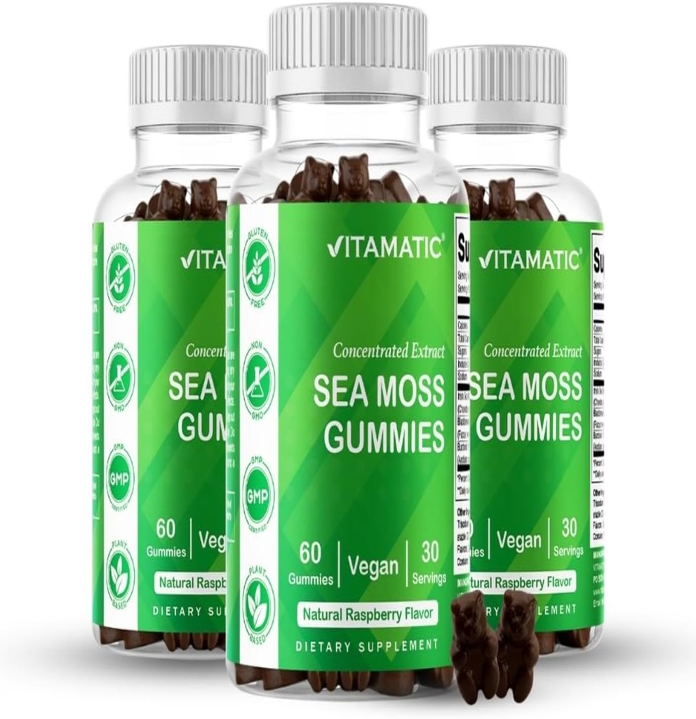Vitamatski 3 Pack Irish Sea Moss Gummies- 3000mg ekvivalent na serviranje (iz ekstrakta 132,5 mg) - 60 Ct - Izdelano z Bladderwrack & Burdock Root - Seamoss dodatek za ščitnico, energije, imunske podpore
