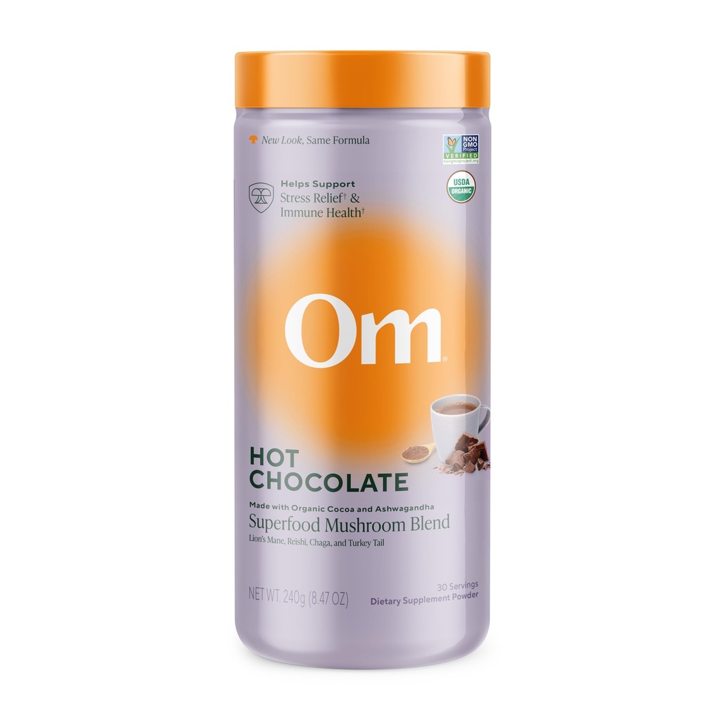 OM MUSHROOM SUPERFOOD Hot Chocolate Mešanica – Nizozemska Cocoa z Lion’s Mane, Reishi, Chaga & Turkey Tail – Podpira Focus, Calm & Stress Relief – 2g Sladkor, 25 Calories – 8.47 oz Canister (30 strežajev)