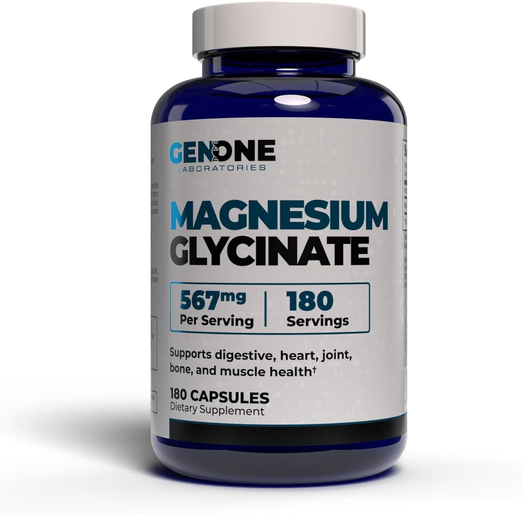 GenOne Magnezij Glycinate Kapsule - Izboljšana absorpcija za kosti in duševno podporo - Nežen na želodec 567mg na Serving - 180 Število