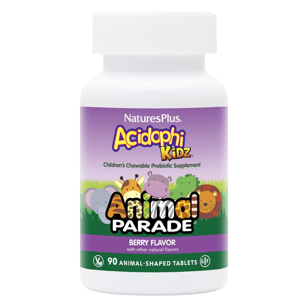 NaturesPlus Animal Parade AcidophiKidz, Berry Flavor - 90 Žvečljive tablete z obliko živali - Pakiranje po 2 - s probiotiki, FOS in grozdno seme - 180 skupno serviranje