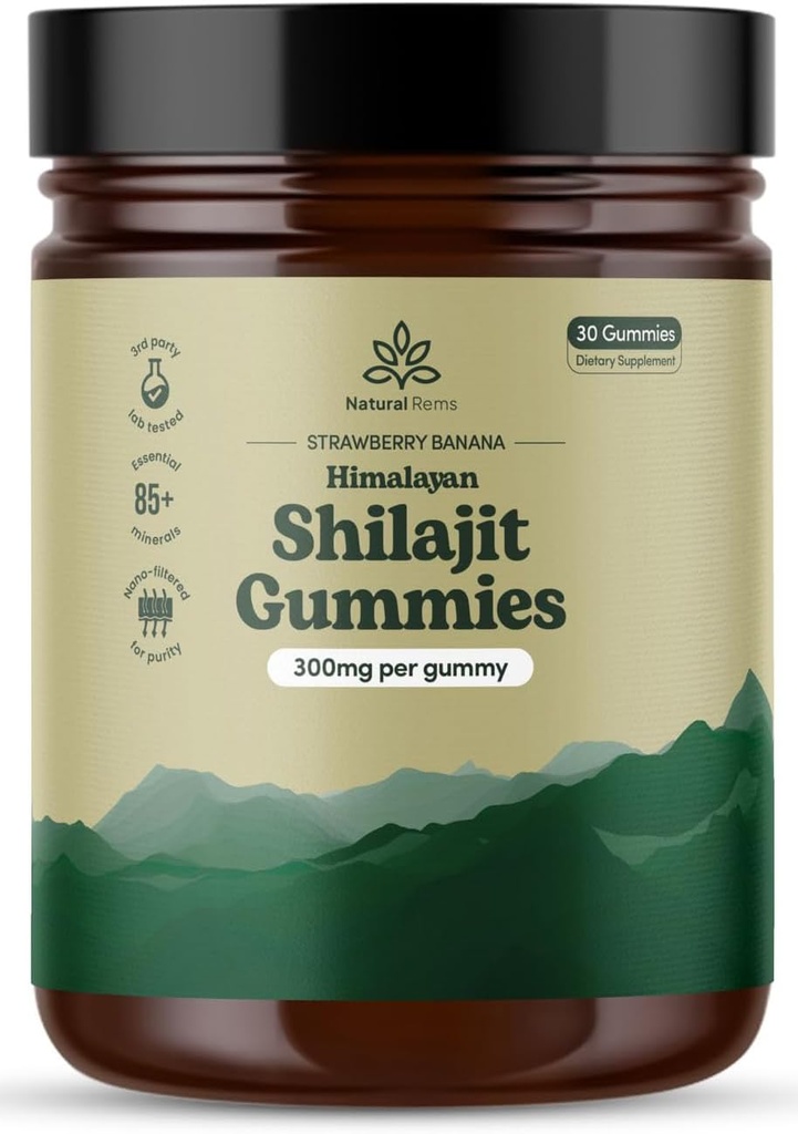 Naravni Rems Organic Shilajit Gumies za moške in ženske - Lab Tested - Izdelano v ZDA - Čista himalajska Organic - Fulvic Acid - Energija in fokus - Holistični zdravstveni dodatki (Strawberry Banana)