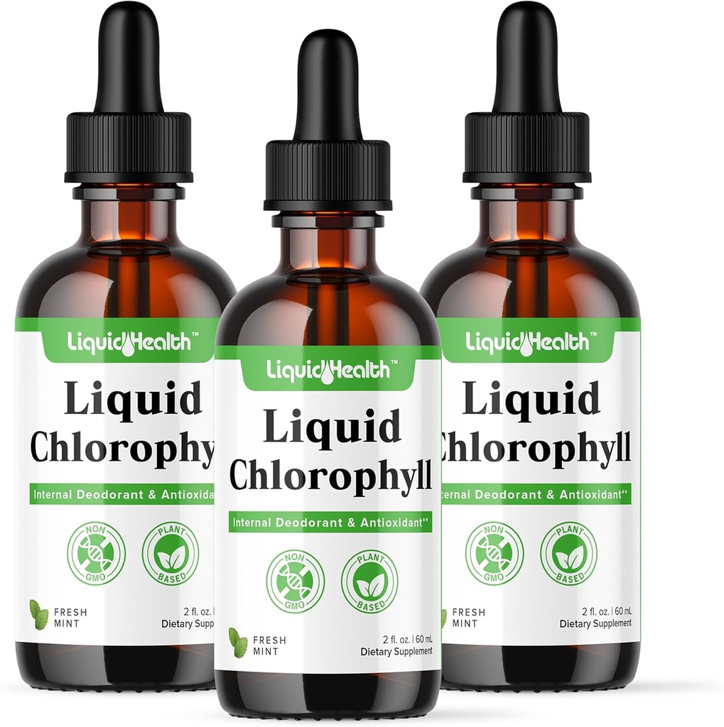 LIQUIDHEALTH Tekoči klorofil kapljice - notranji deodorant, antioksidanti, detoks jeter, Imunska podpora, lajšanje slabega dihanja, zmanjšanje apetita, kolagen za zdravje las in kože - Vegan, Non-GMO (3 pakiranje)