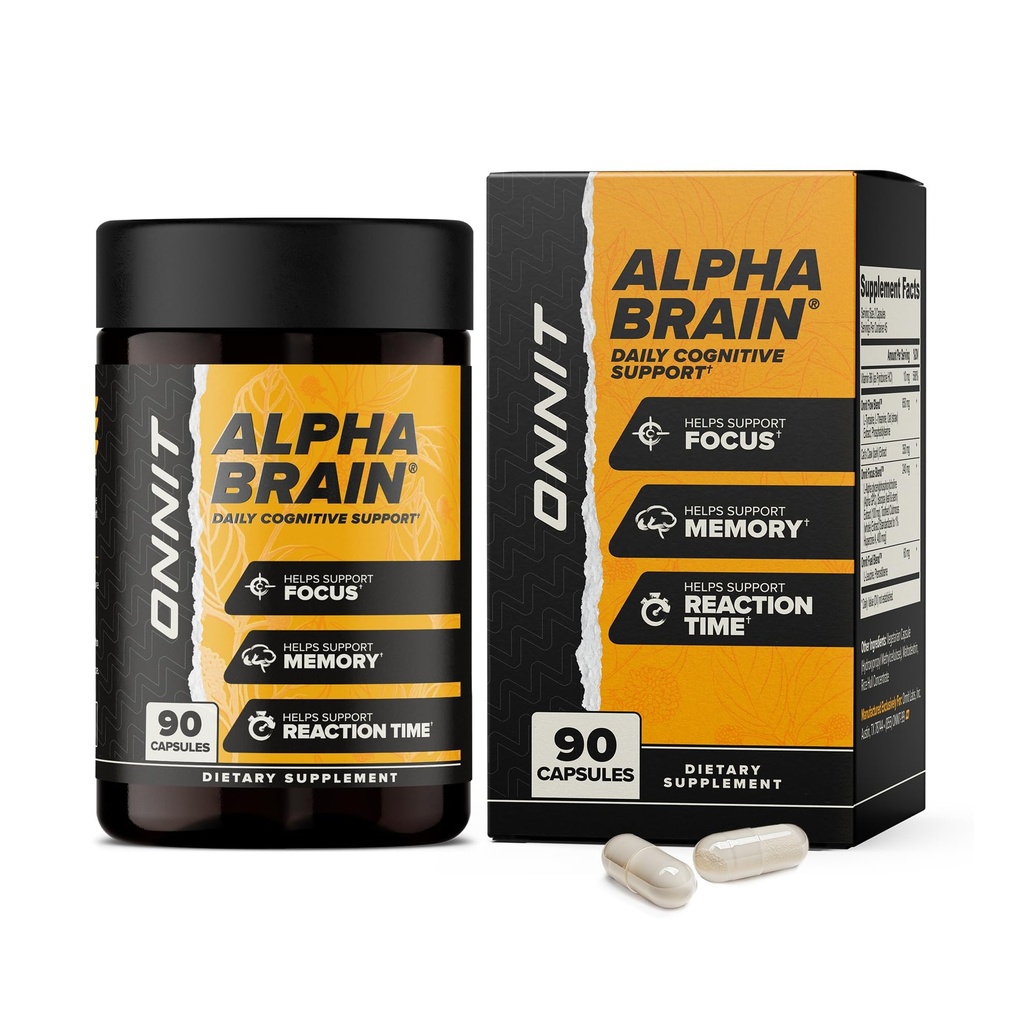 ONNIT Alpha Brain Nootropic Brain Supplement for Focus, Memory, Duševna jasnost, Kognitivna podpora z L-Theanine in vitamin B6, 90 Count