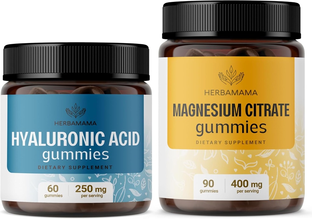 HERBAMA Hyaluronska kislina in magnezijev kit - paket 250 mg hialuronske kisline & 400 mg magnezijev citrat Gumies - Vegan, Non-GMO, želatina-free - 2 pakiranji