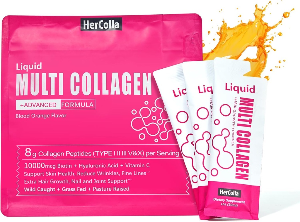 Tekoči kolagen za ženske, 10000mcg Biotin, 8000mg Multi tip kolagen peptidi, hialuronska kislina, vitamin C, koža, nohti, dopolnilo za lase, oranžna aroma, 10 Fl oz. (1 pakiranje, oranžna)