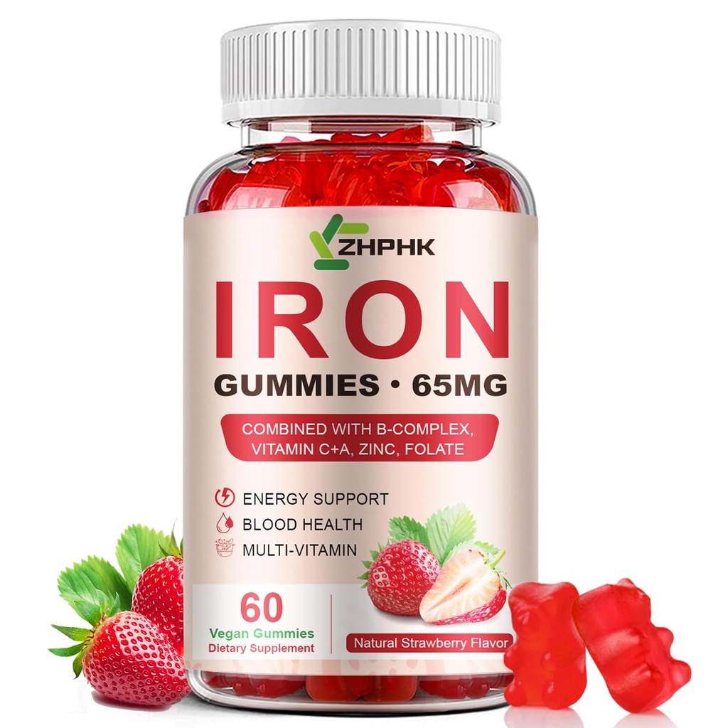 Iron Supplement Gumies, 65mg železa in 250mg vitamina C za ženske moške otroke, naravni Vegan železa Gummy z vitaminom A, B-kompleks, Biotin, cink & Folate energije podpora in imuno zdravje, 60 Gumies