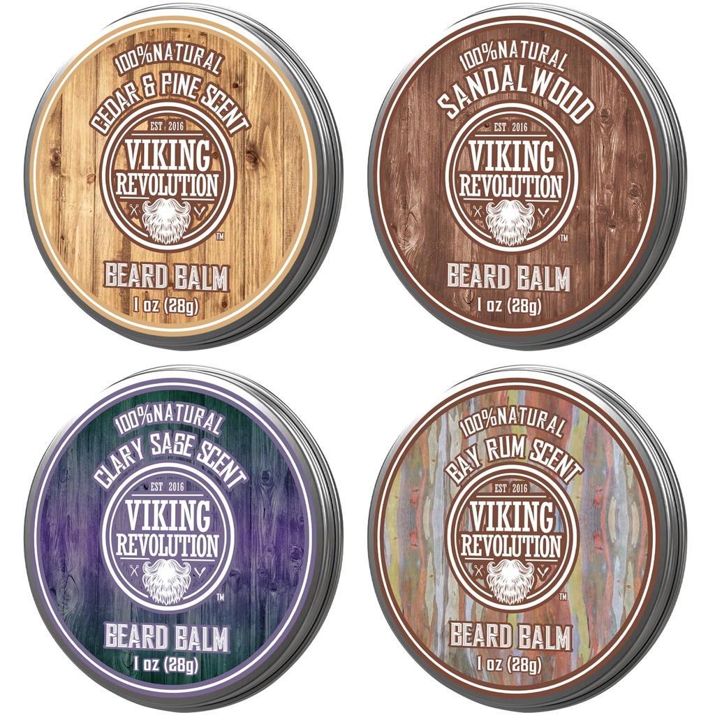 Viking Revolution 4 Brada Balm Variety Pack (1oz vsak) - Sandalwood, Pine & Cedar, Bay Rum, Clary Sage - slogi, krepi in mehke brade in Mustaches - Vosek za moške
