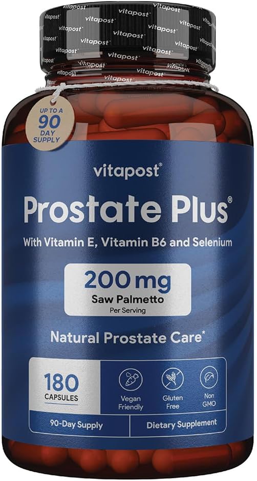 Prostata Plus Natural Prostata Care in urinarno zdravstveno dopolnilo za moške Obogaten z žago Palmetto, Vitamin B6, Vitamin E, Selen in cink. 180 Kapsule