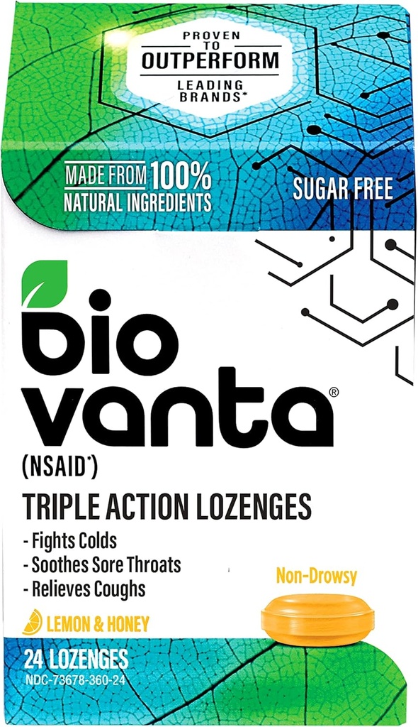 Biovanta naravne sestavine Brez sladkorja Lozenges za kašelj, hladno in boleče grlo, 24 Lemon Medeno grlo Lozenges
