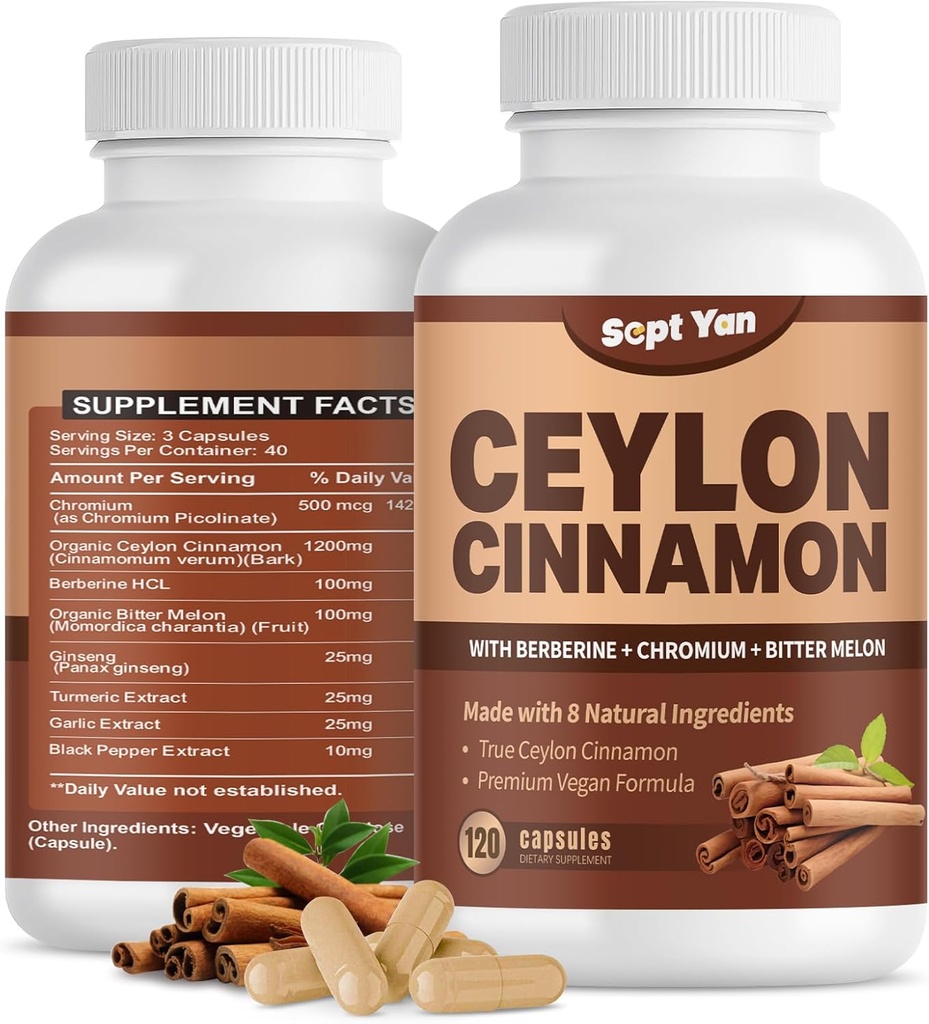 Ceylon Cinamon kapsule 1200 mg Cimet Bark dodatki s kromom, Berberine HCL & Kurkuma, Vegan, 120 Kapsule, energija, Presnova, srce in imunske podpore