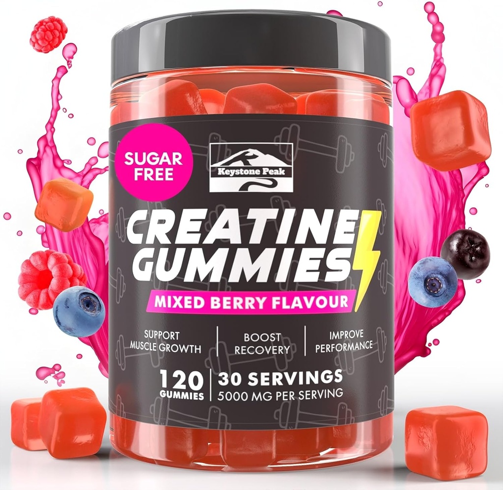 KP Kreatin Monohidrat Gumiji Mešano jagode za moške in ženske, 100% Creatin Mešane jagode Gumies, 5g na Serving + Vegan, Sladkor brez, Mešano jagode + Moč, Energija, Muscle & Booty Gain - 120 Count