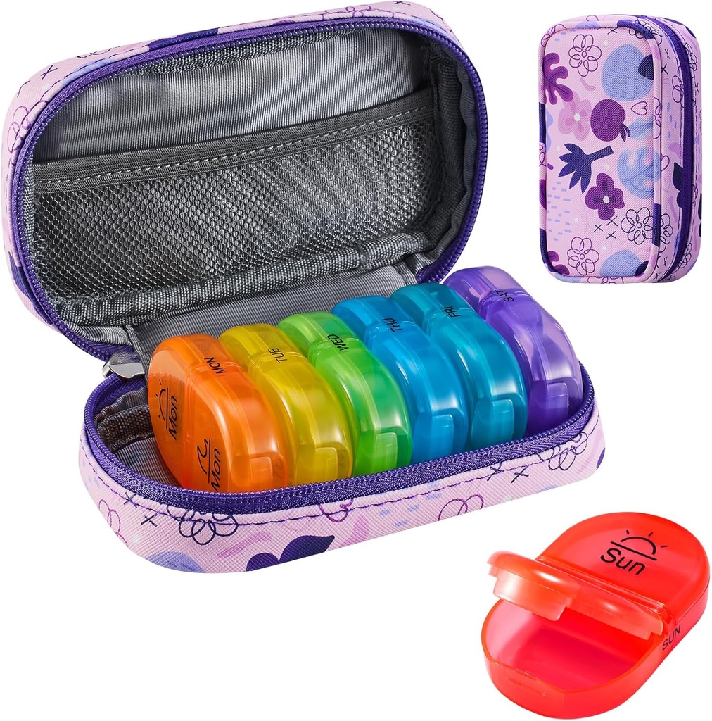 Serfeymi Tedenska potovalna tabletka Organizator 2 krat na dan AM PM Nadgrajena Mavrična tableta Box 7 dan s prenosljivim Zipper PU usnje tablete Case, Medicine Organizator za tablete, Vitamini, Ribja olja - Purple 02