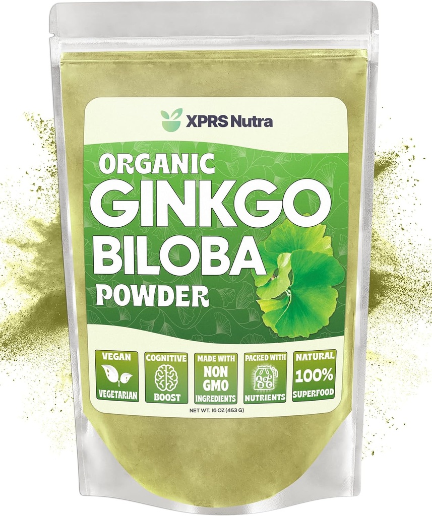 XPRS Nutra Organic Ginkgo Biloba Powder - Gingko Biloba Dodatki za kognicijo - Vegan prijazno Ginkoba Biloba Organic - Immuniteta povečanje Ginkgo Biloba Powder (16 oz)