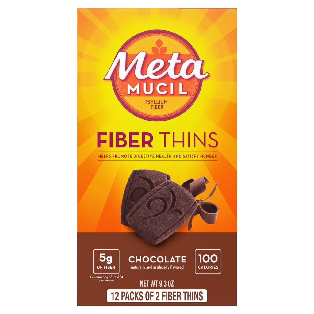 Metamucil Fiber Thins, Psyllium Husk Fiber dopolnilo, Prebavna zdravstvena podpora in Zadovoljna lakota, Čokolada aromatizirana, 12 Servinges