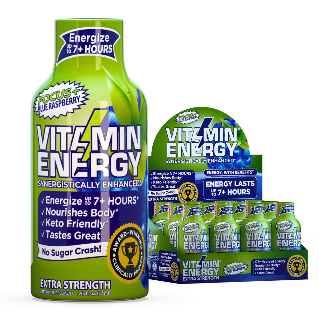 Vitamin Energija Fokus+ Ekstra moč Energija Shot Blue Raspberry 12 Pack, 260mg Naravni kofein, B-Vitamini, CoQ10, Aminokisline, Fokus, Produktivnost & Jasnost, Zero Sugar, Gluten-free, 1,93 fl oz