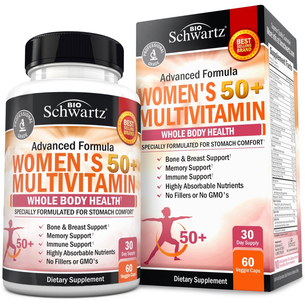 Dnevni multivitaminski dodatek za ženske 50 & Over – Podpora pomnilniku – Spodbuja zmanjševanje stresa in zdrav imunski odziv – ženski multivitaminski dodatek zasnovan za udobje želodca - 60 kapsul