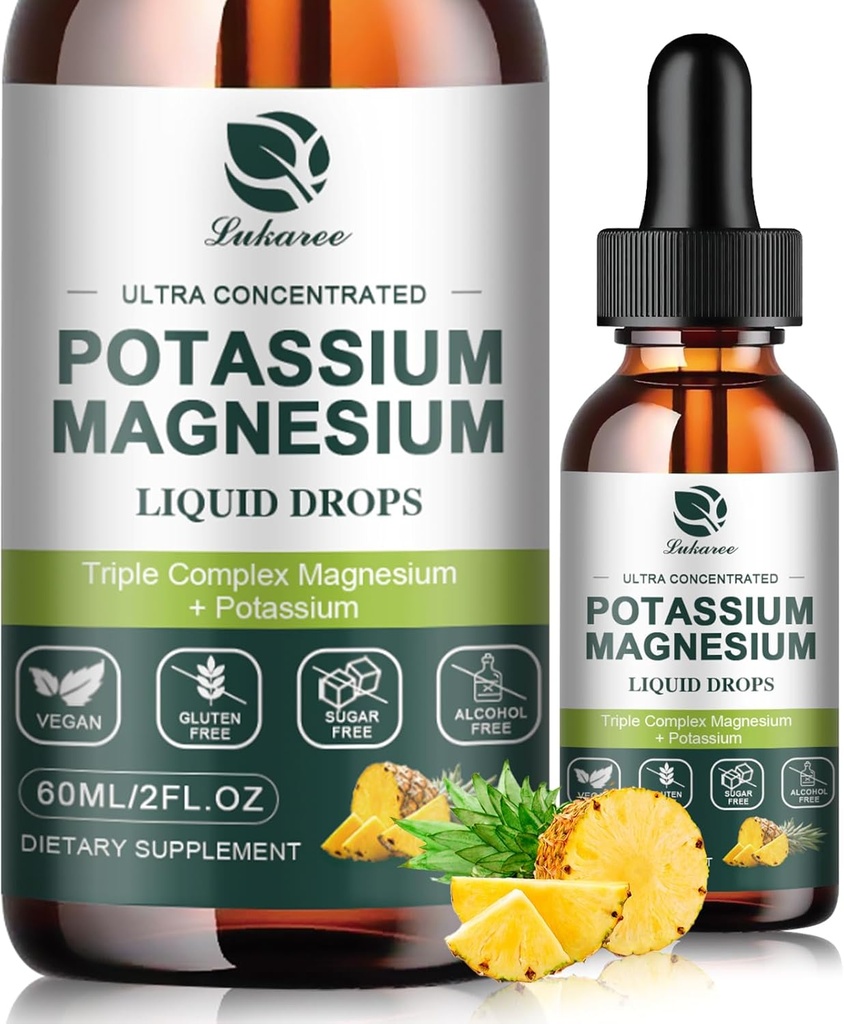 Kalijev magnezijev dodatek Tekoči w/triple kompleks Magnezij Glicinat & Kalij Plus Omega 3, Sea Moss, Črno seme, D3K2 & Kalcij za Zzz, Kramps in mišice-2 OZ kapljica