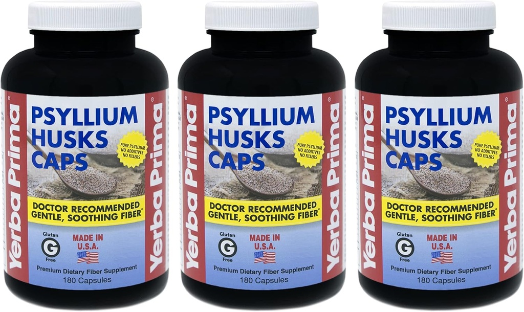 Yerba Prima Psyllium Husks Caps - 180 kap (paka 3) - Naravni fiber dodatek - Čiščenje Colon - Ne-GMO Gluten brezplačno